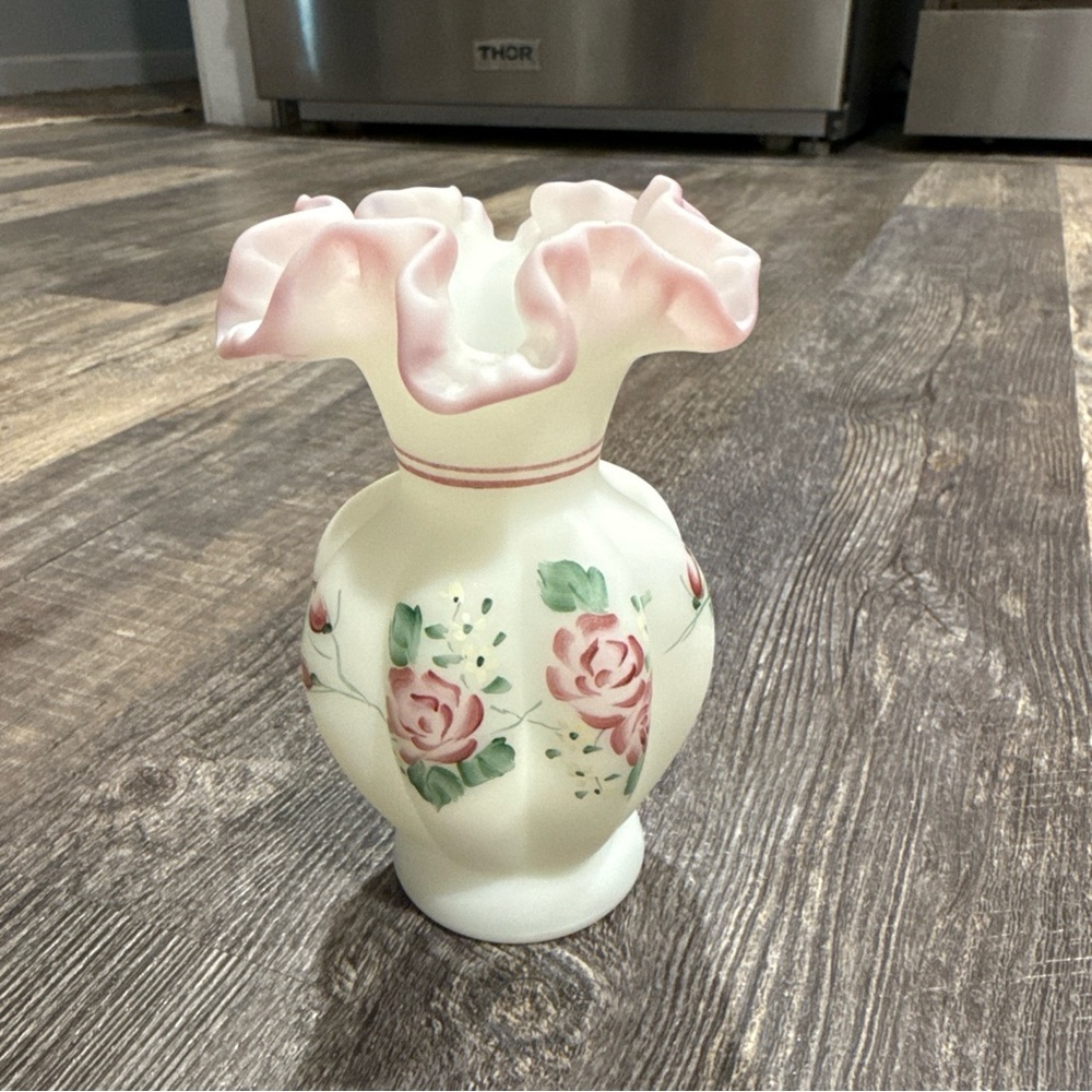Fenton Pink and White Ruffled Vase